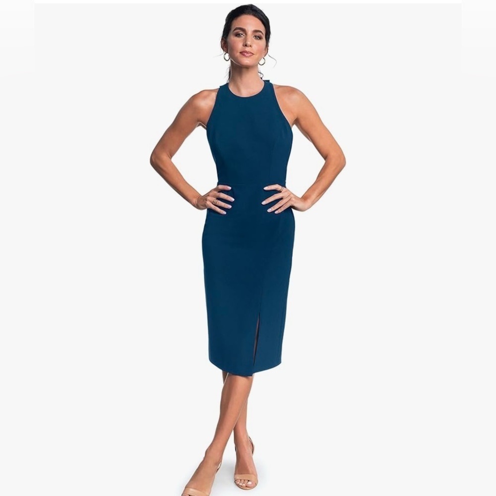 Dress the Population | Emme High Neck Tie Back BodyCon Midi Dres, in Blue NWT